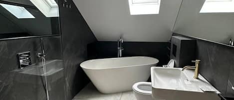 Hair dryer, towels, soap, toilet paper