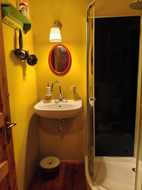 A bathroom with a sink, mirror, and shower.