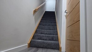 A narrow hallway with a wooden handrail, a carpeted staircase, and a wooden door. - Exclusive / Modern home (Fallin)