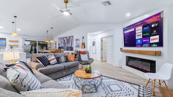 Smart TV, fireplace, video games, table football