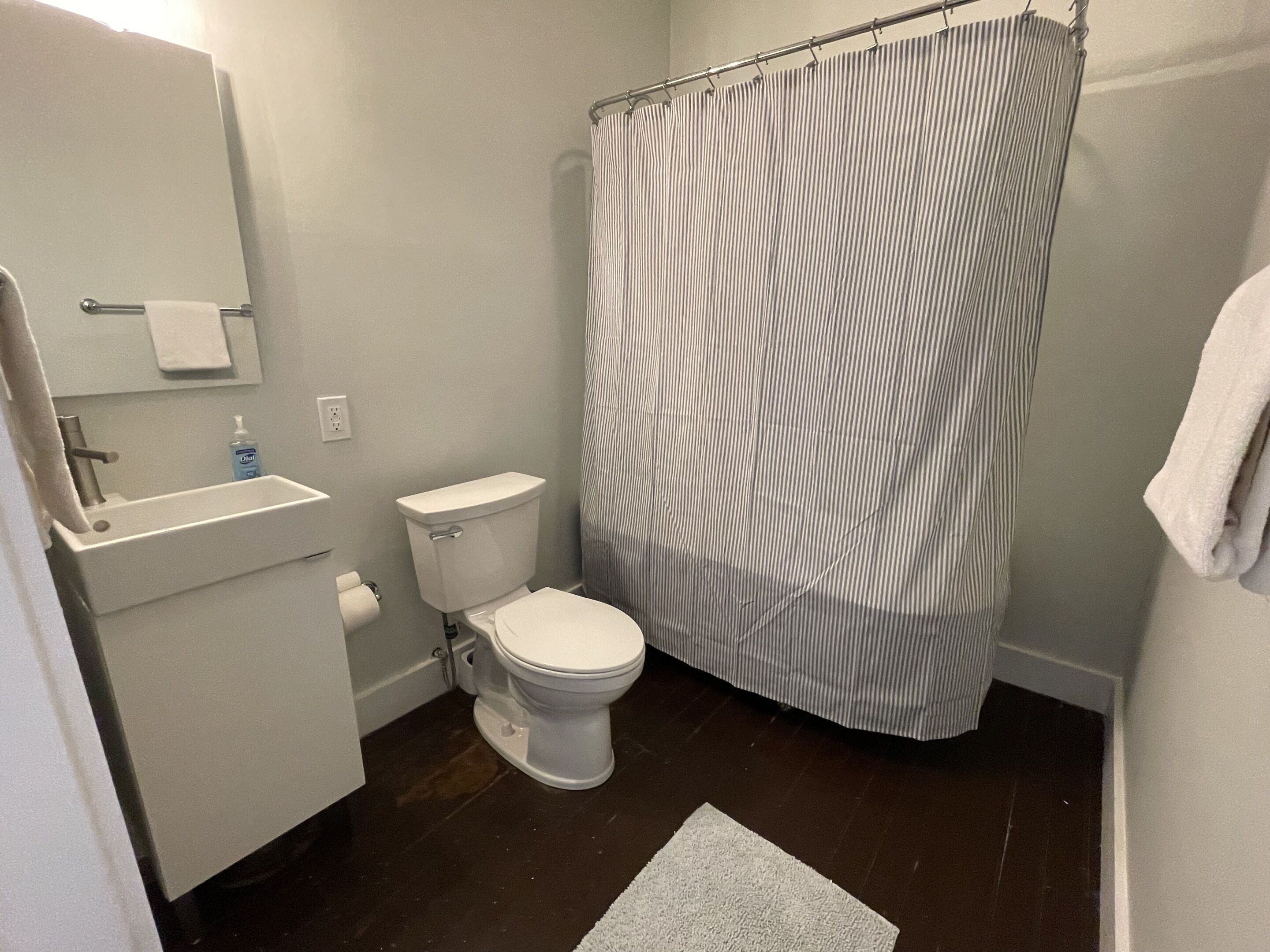 A bathroom with a toilet, sink, and shower curtain.