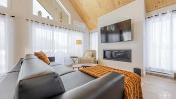 Televisión, chimenea y oficina