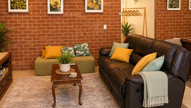 A living room with a brick wall, a brown leather sofa, a green sofa, and a wooden coffee table. - Hilltop Haven Adelaide Hills Retreat Pet Friendly with Night and Day Yards (Mylor)