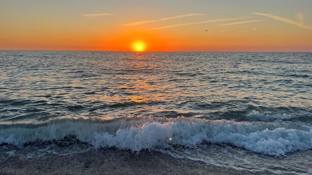Ein Sonnenuntergang über einem ruhigen Meer, bei dem sanfte Wellen die Küste berühren.