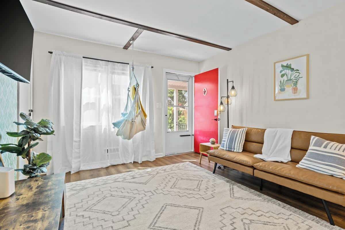 Un salon avec un canapé, un fauteuil suspendu, un tapis et une plante.