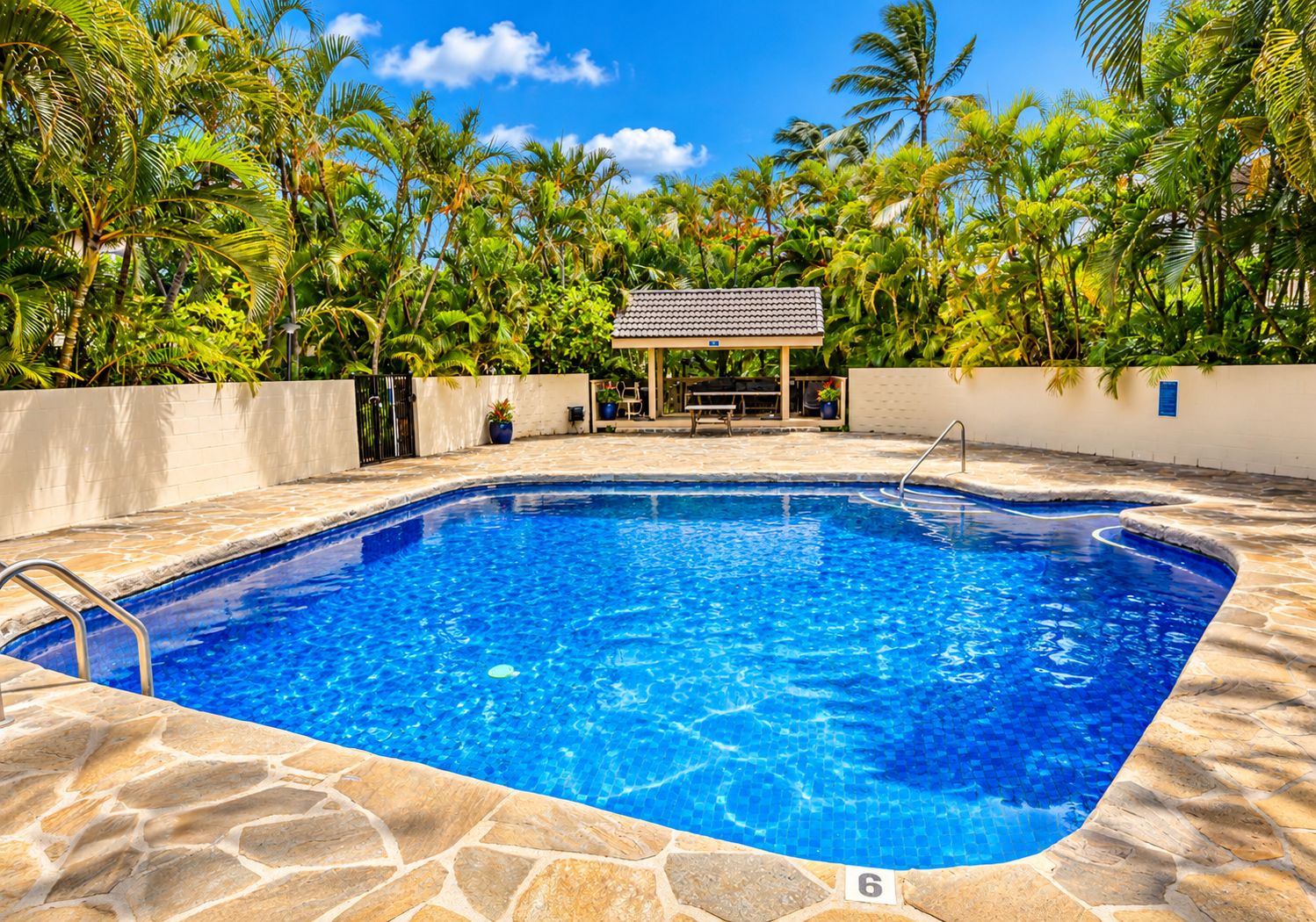 A rectangular swimming pool with a stone border, surrounded by palm trees and a covered seating area.