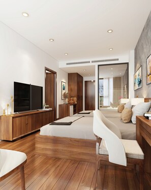 家庭四人房, 城市景观 | 客房内保险箱、办公桌、笔记本电脑工作区、隔音