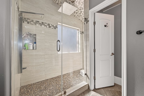 Hair dryer, towels, soap, toilet paper