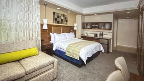 Una habitación de hotel con cama, escritorio, silla, sofá y baño.