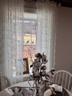 A room with a window featuring white lace curtains, a view of turkeys outside, and a vase with cotton branches on a table. - Relaxing Farmhouse in beautiful Butler (Butler)
