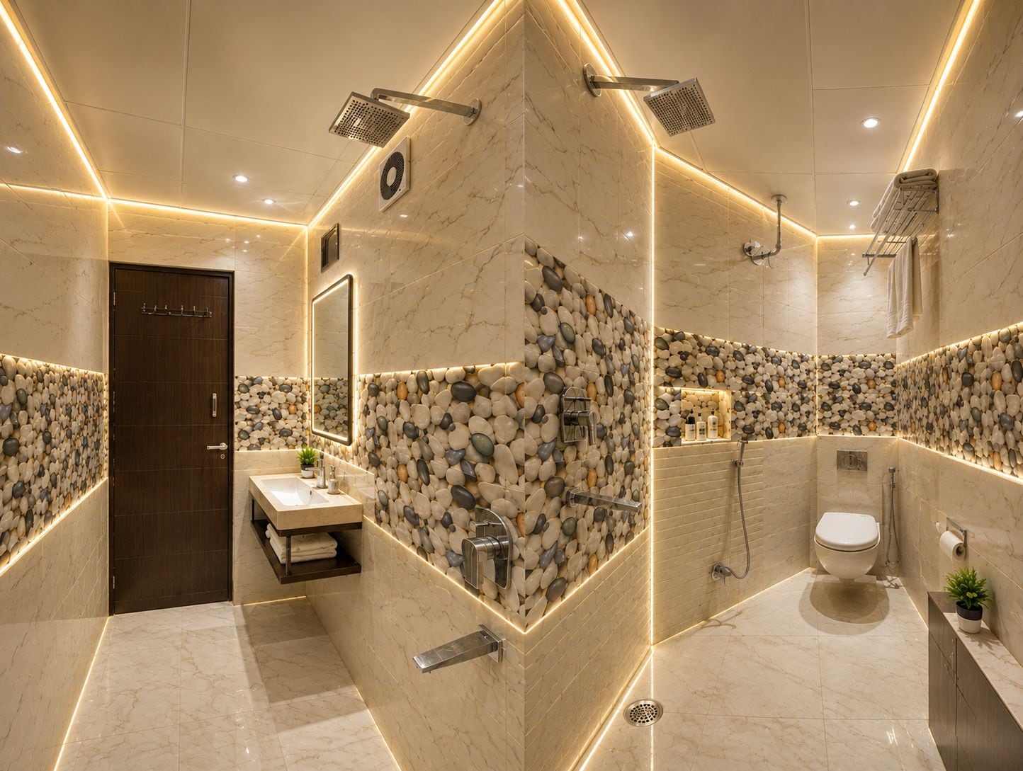 Un baño moderno con piso de mármol, un lavamanos con espejo, zona de ducha y un inodoro.