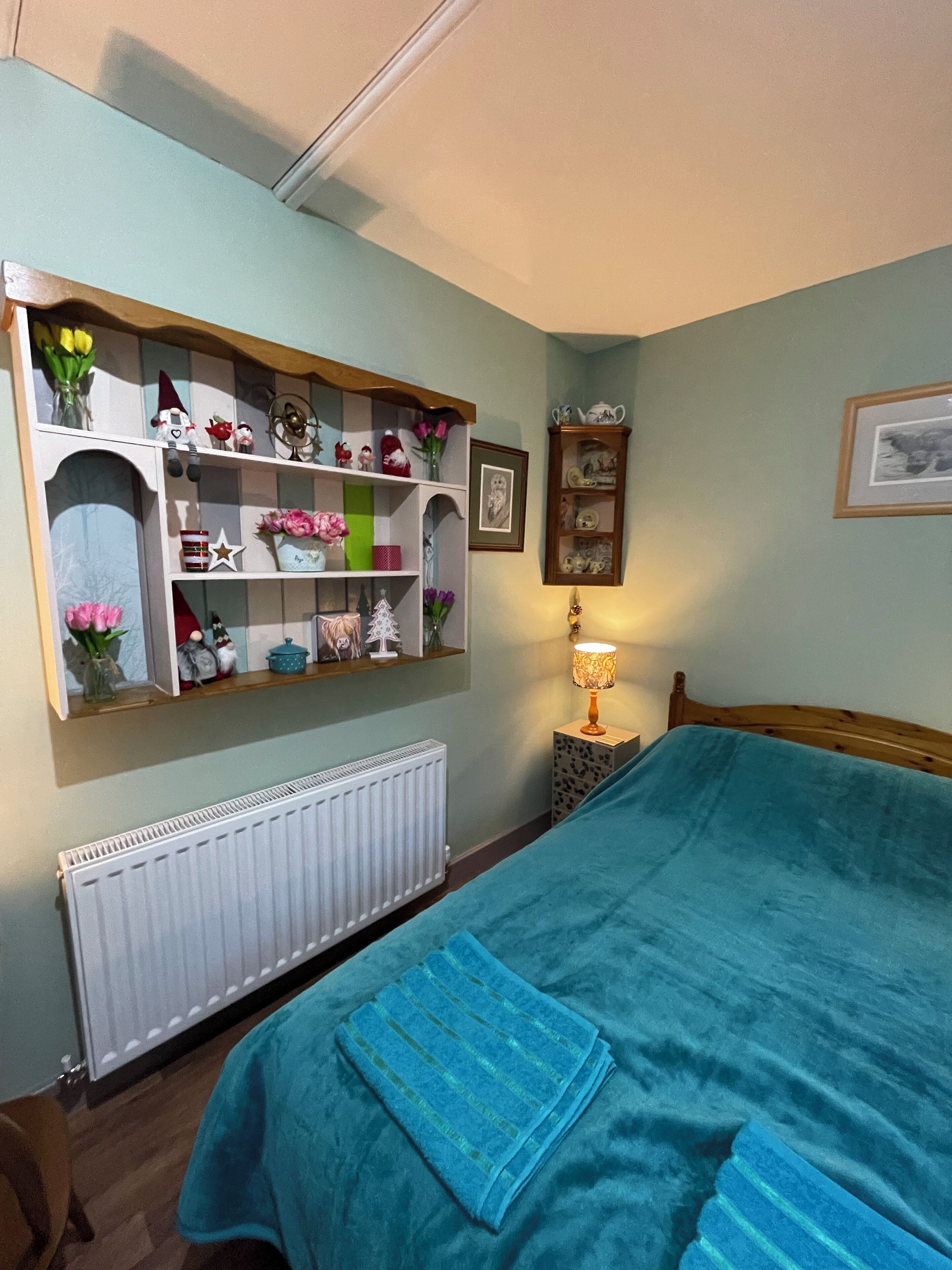Une chambre à coucher comprenant un lit, un radiateur, une table de chevet avec une lampe et une étagère murale agrémentée de divers objets de décoration.