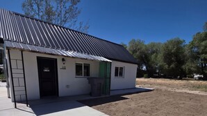 A single-story building with a metal roof, a green door, and a number '210' sign.