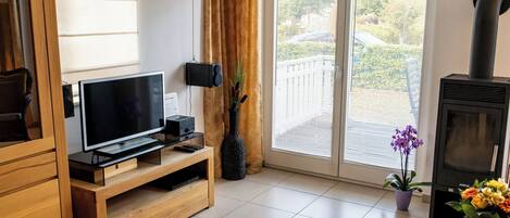 智能電視、壁爐、書籍、音響