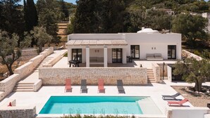 Uma villa moderna com piscina, degraus de pedra e espreguiçadeiras.