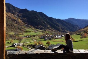 Un muro de piedra con una persona sentada, contemplando un valle con casas y montañas.