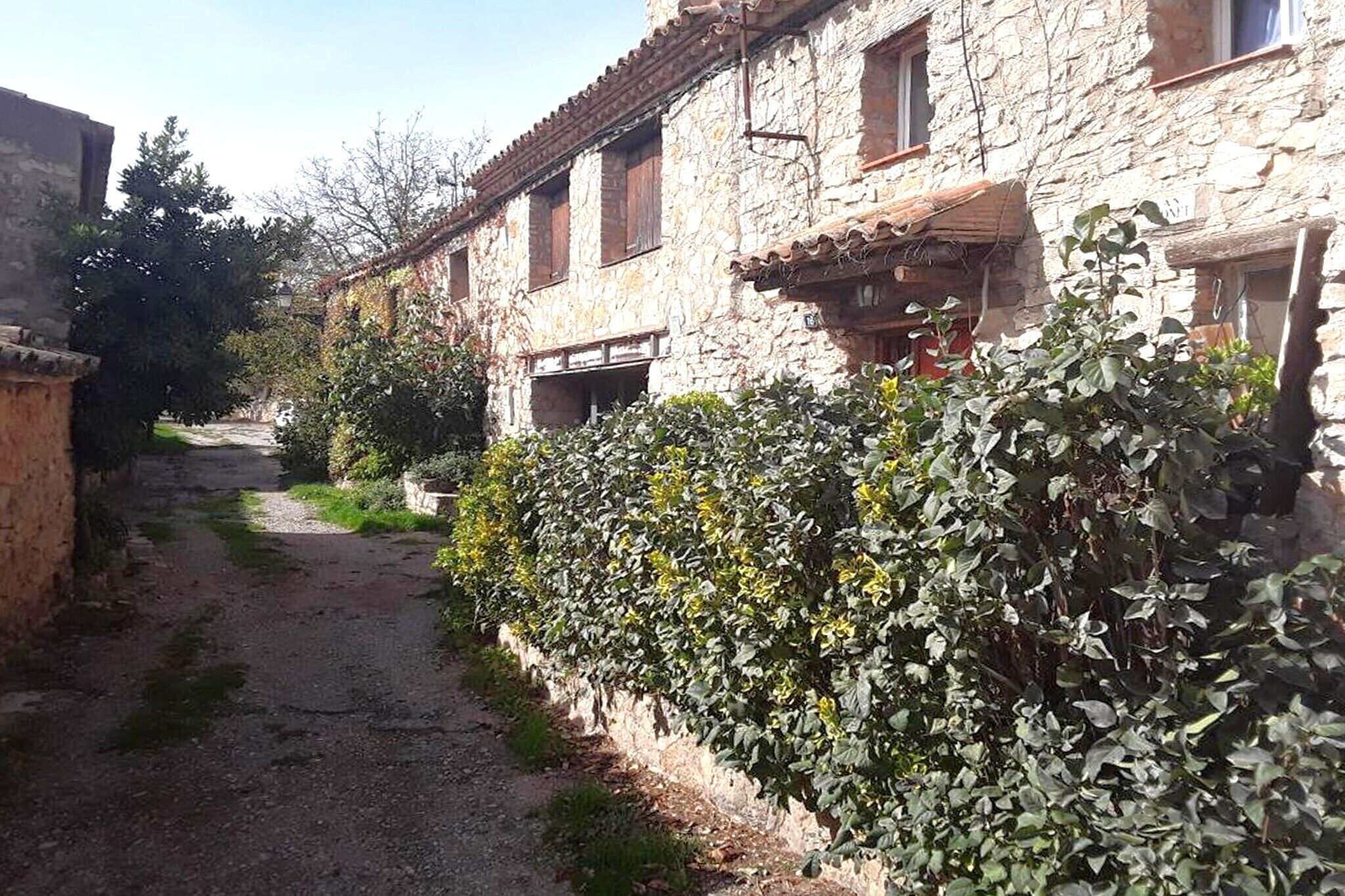 Un sendero de piedra estrecho bordeado de exuberante vegetación y edificios de piedra tradicionales con contraventanas de madera.