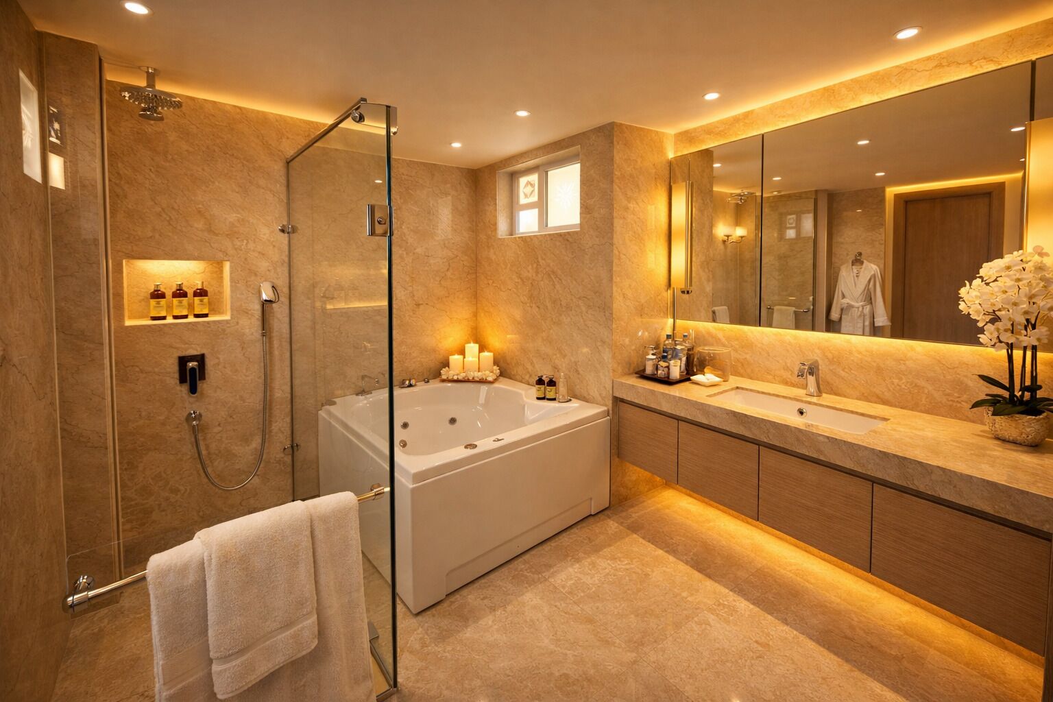 Presidential Studio Suite | Bathroom | Hydromassage showerhead, designer toiletries, hair dryer, slippers
