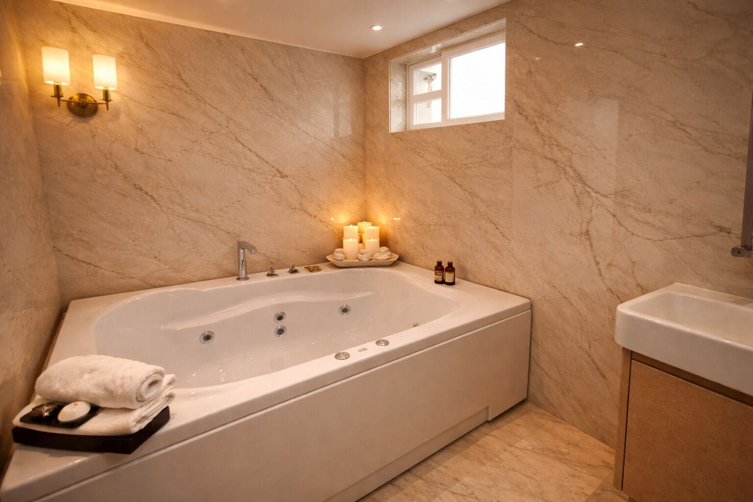 A spacious bathroom with a large bathtub, a separate sink, marble walls, and a window providing natural light.