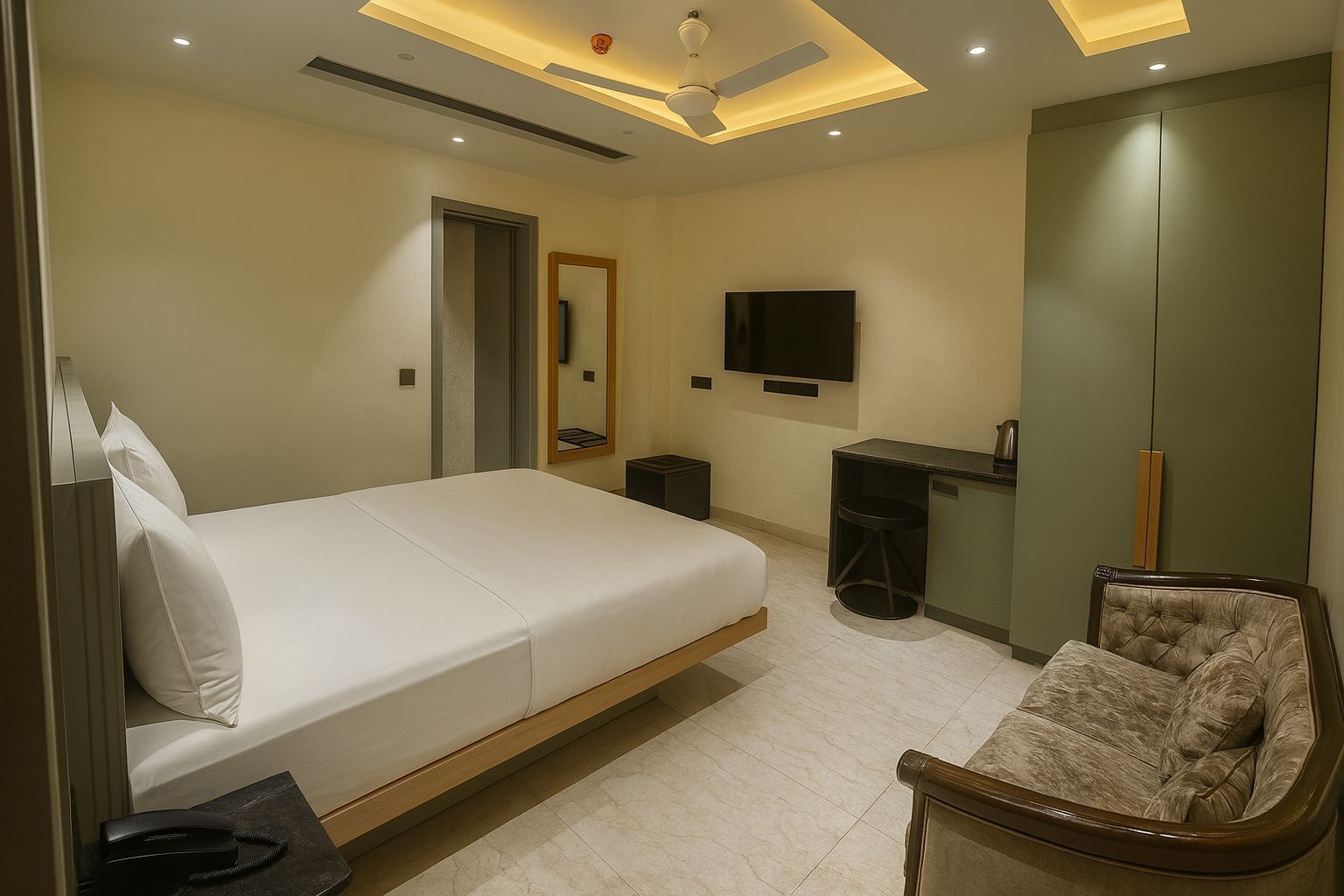 A modern hotel room with a bed, a desk, a chair, a TV, and a wardrobe.