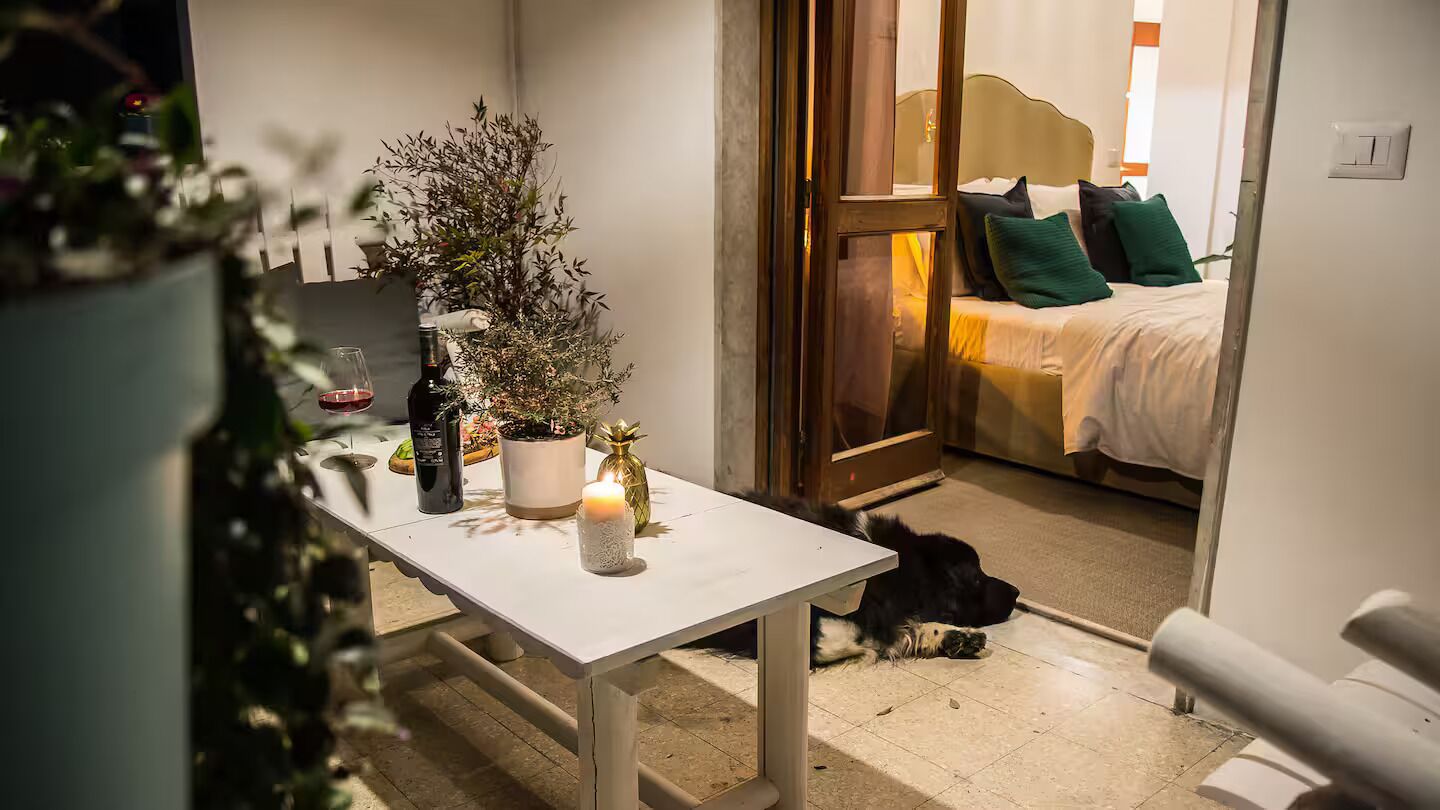 Un dormitorio acogedor con cama, mesita de noche y planta en maceta.