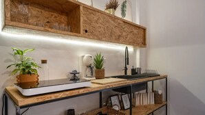 Une cuisine avec un plan de travail en bois, un évier et une étagère au-dessus, où sont rangés de la vaisselle et des plantes.