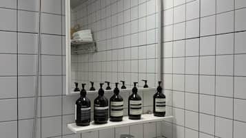 Douche, séchoir à cheveux, serviettes fournies, savon