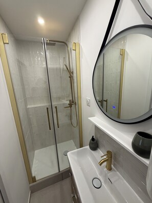 Douche, séchoir à cheveux, serviettes fournies, savon