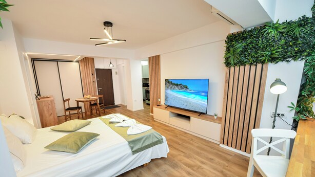 Ett modernt hotellrum med en säng, en TV, ett trägolv och en växt som hänger på väggen.
