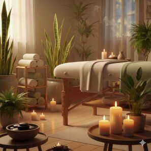 A serene spa room with a massage table, candles, and various plants. - HOTEL PERPIGNAN CENTRE (Perpignan)