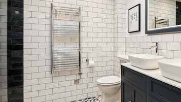 Shower, hair dryer, towels, shampoo