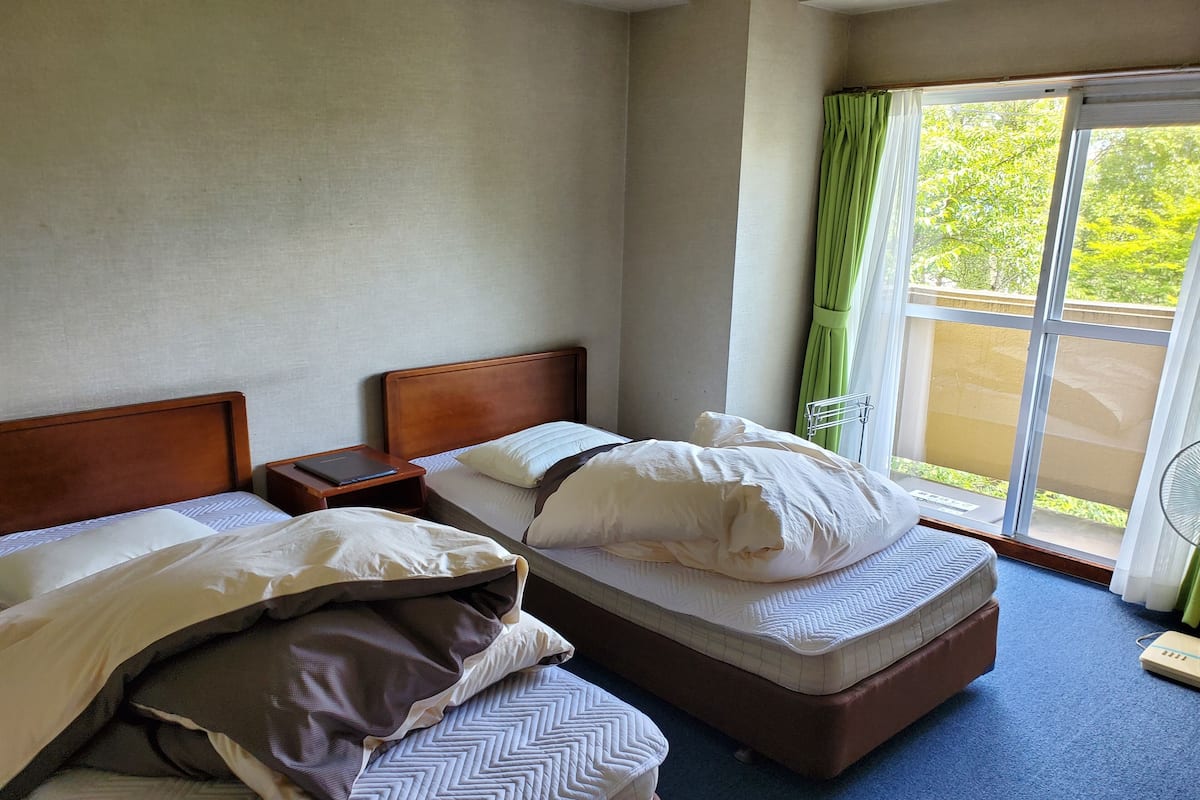 Desk, laptop workspace, blackout drapes