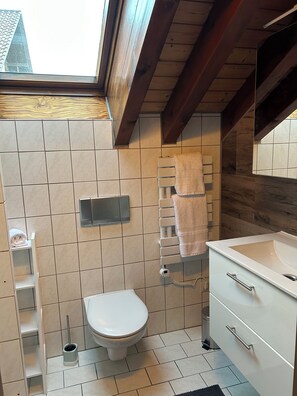 Une salle de bain moderne dotée d’une lucarne, de toilettes, d’un lavabo et d’un porte-serviettes.