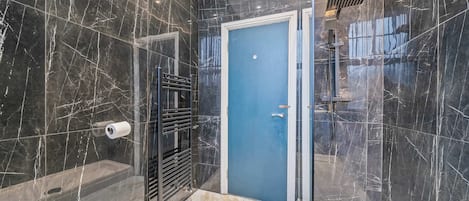 Shower, hair dryer, toilet paper