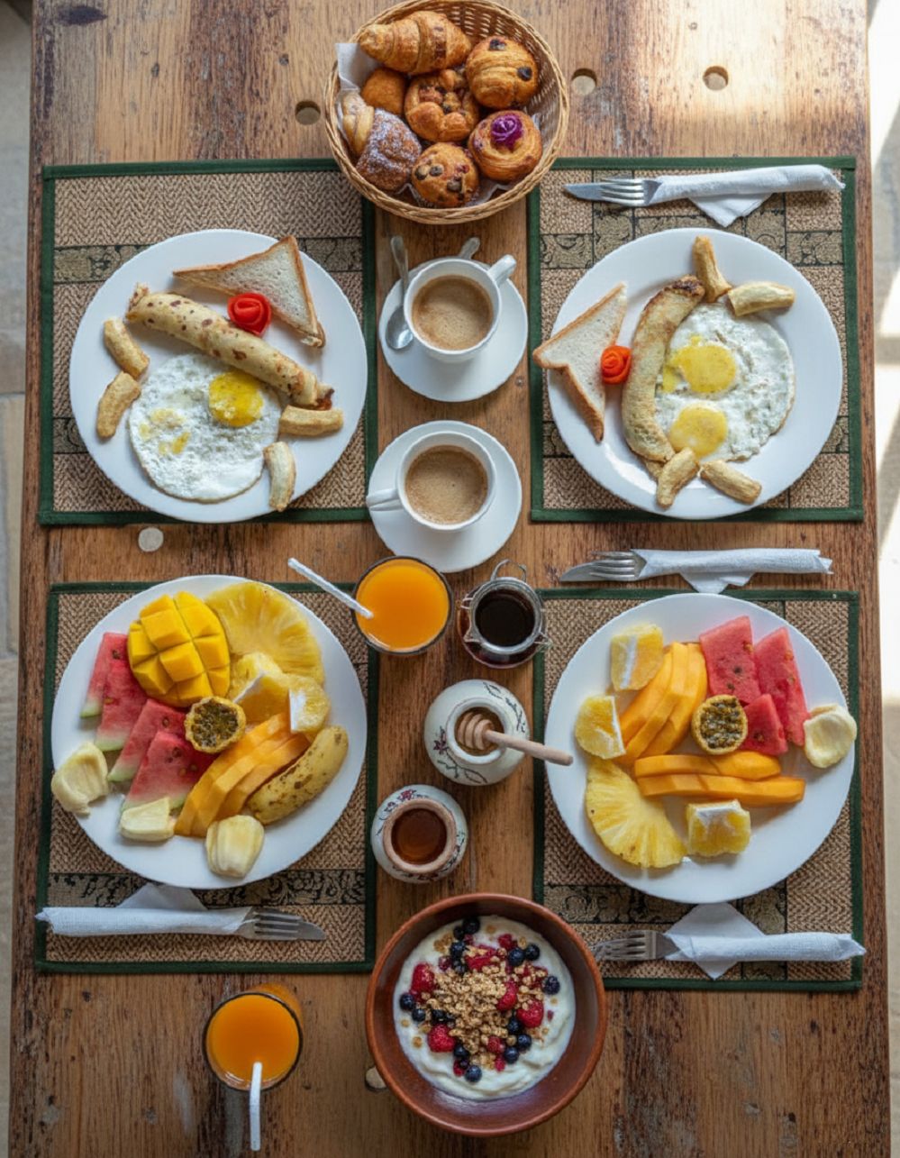 Ein reichhaltiges Frühstücksbuffet mit Eiern, Toast, Croissants und Gebäck, sowie einer Auswahl an Früchten und Getränken.