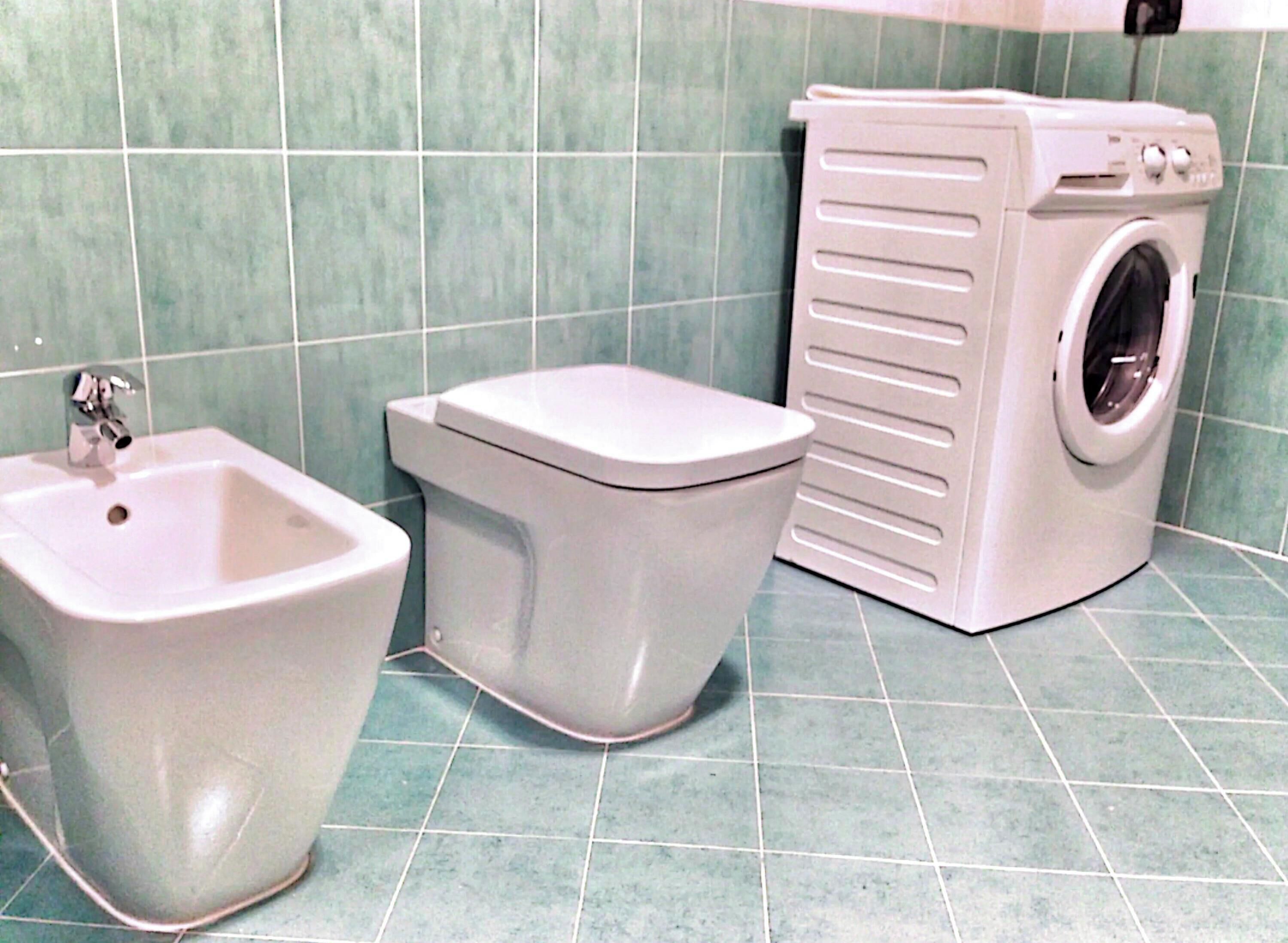A bathroom with a bidet, toilet, and washing machine.