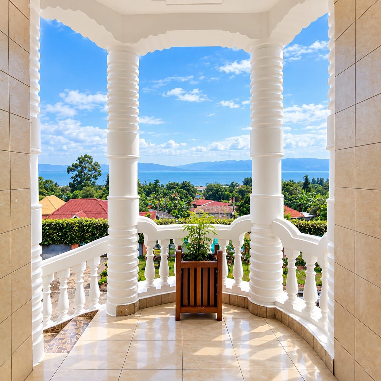A balcony with white balustrades, a wooden planter, and a view of a coastal landscape with houses and greenery.