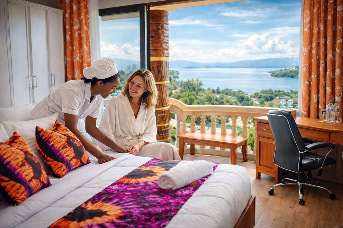 Ein Hotelzimmer mit einem großen Bett, bunten Kissen, Meerblick und einem Balkon mit Holzwertung.