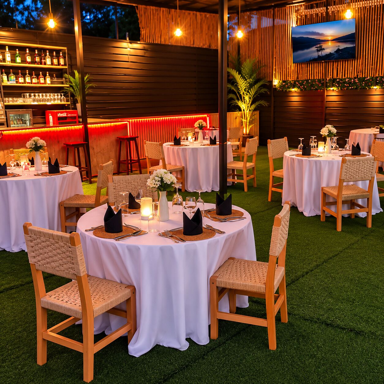 An outdoor dining area with round tables, wicker chairs, and a bar with bottles.