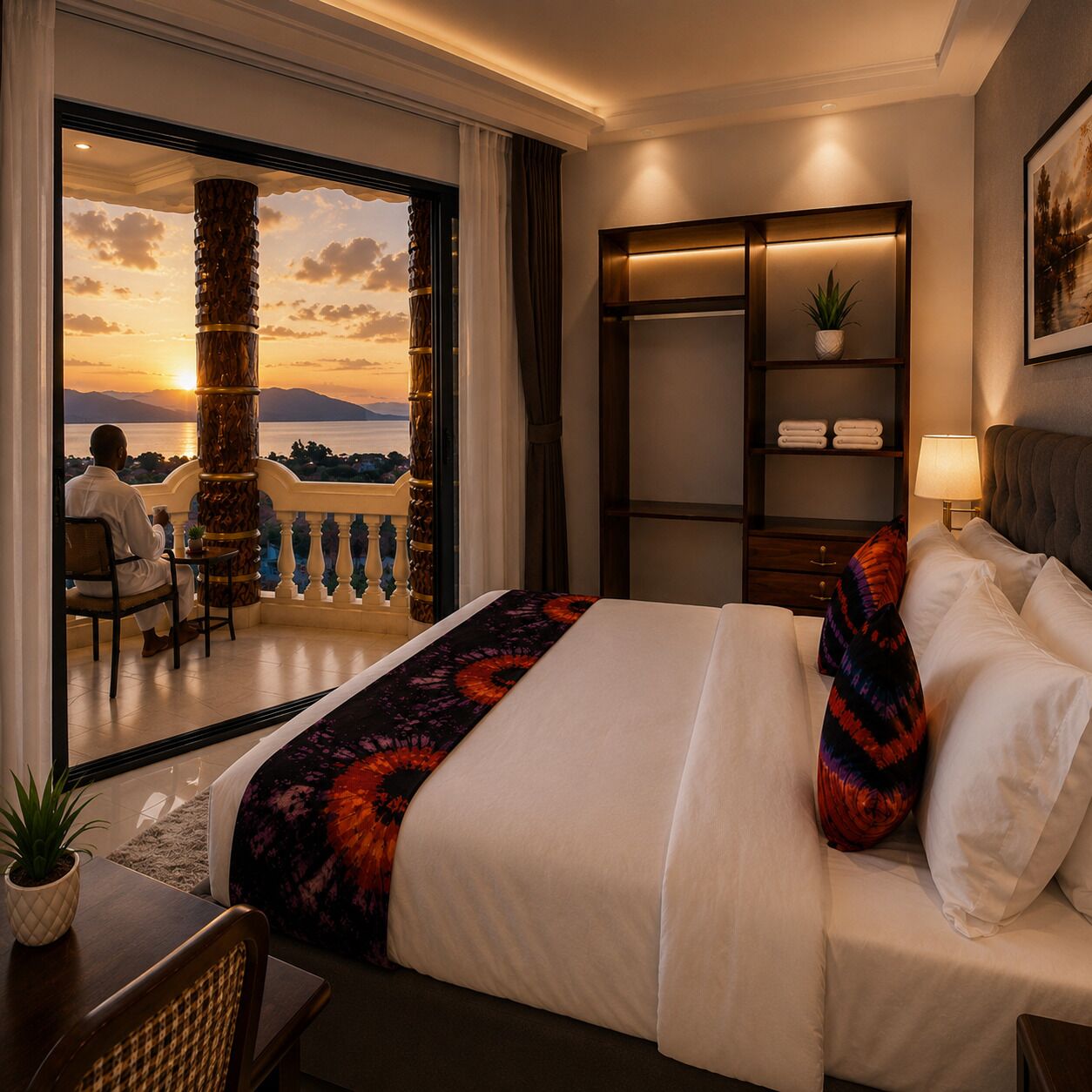 Habitación de hotel con una cama grande, una mesita de noche, un armario y un balcón con vistas al atardecer.