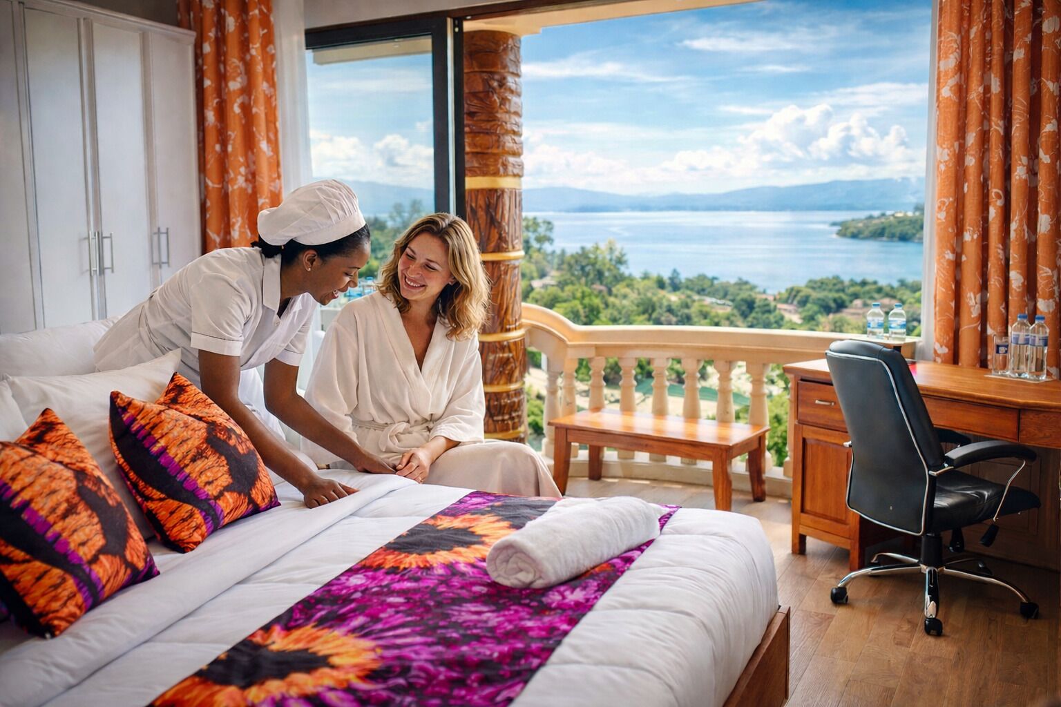 Habitación familiar, balcón, vista al lago | Escritorio, tabla de planchar con plancha y wifi gratis 