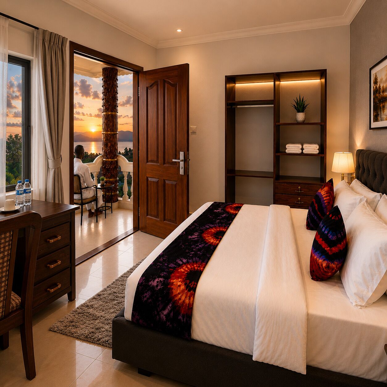 Habitación de hotel con cama, escritorio, silla, armario y vistas al atardecer.