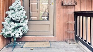 Eine Holztür mit einer mattierten Glasscheibe, ein kleiner Weihnachtsbaum und ein Schild mit der Nummer 3.