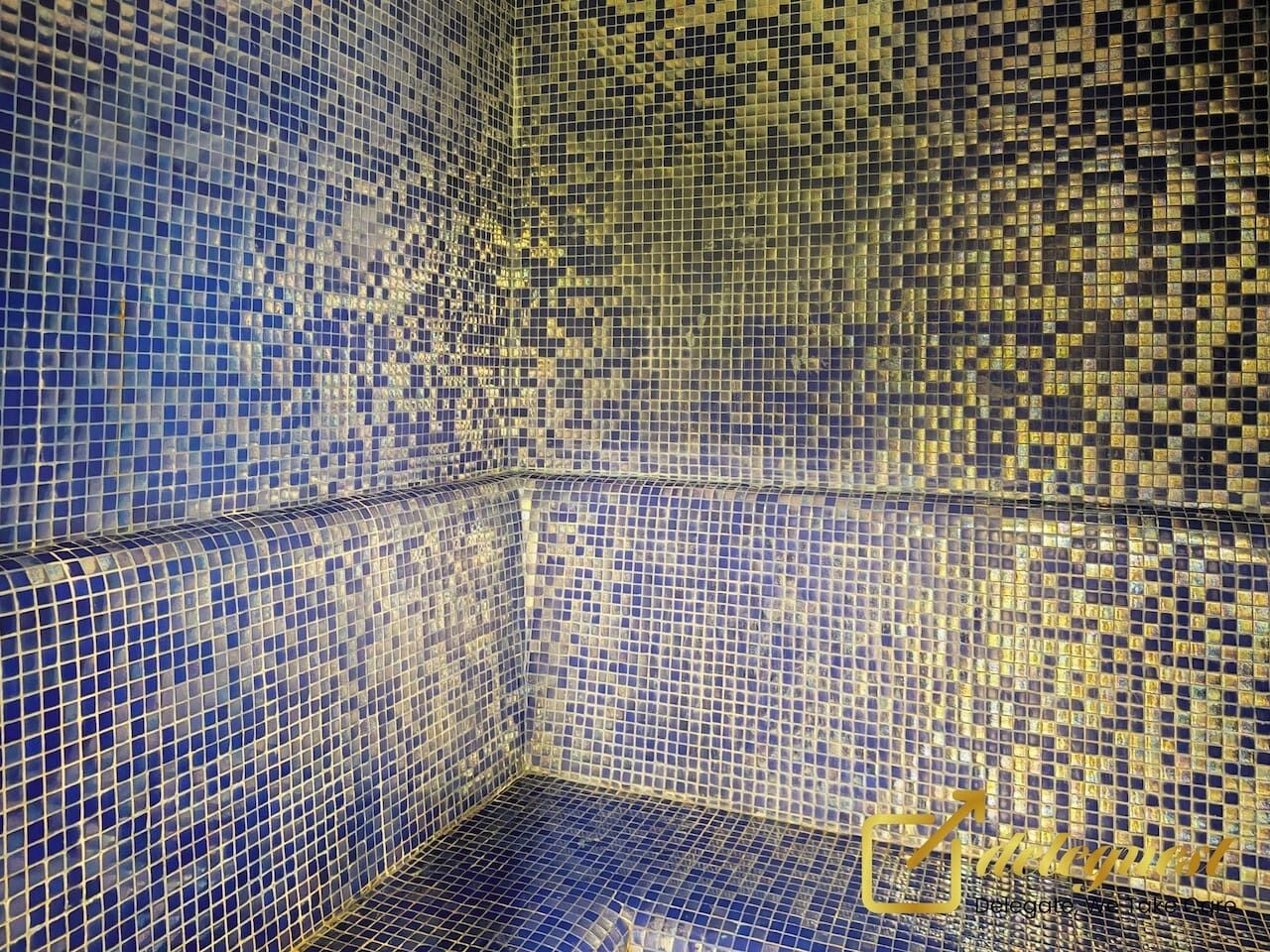 Une salle de bain carrelée avec un motif en mosaïque.