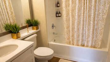 Hair dryer, towels, soap, shampoo