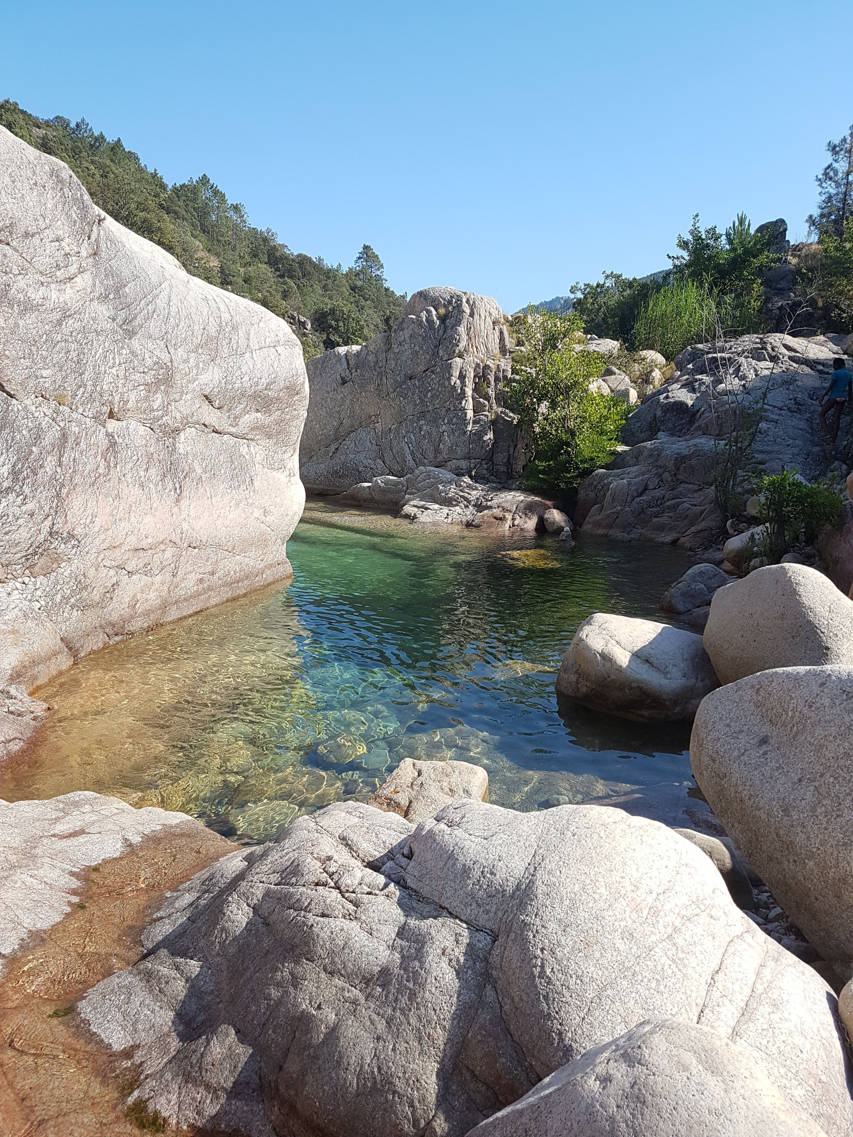 Un paisaje natural con un cuerpo de agua transparente rodeado de rocas grandes y vegetación.