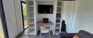 A compact living space with a built-in TV, a desk with a laptop, a chair, and a sofa.
