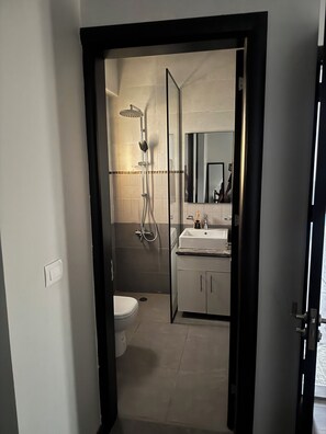 Regadera, toallas, jabón, papel de baño 