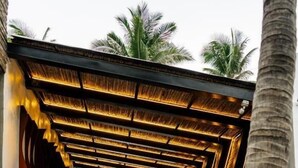 A covered walkway with a wooden ceiling and palm trees in the background.