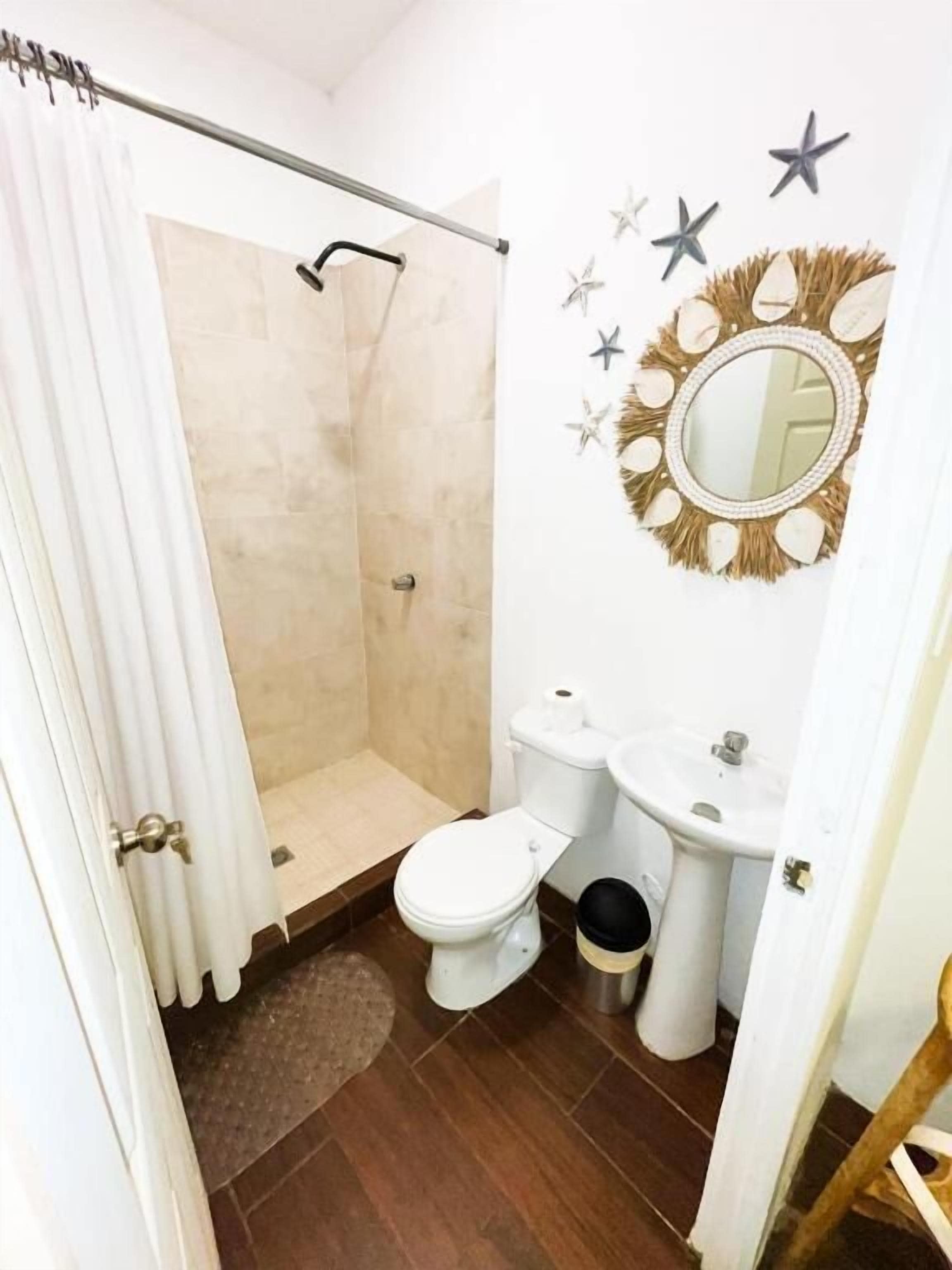 Shower, towels, soap, shampoo